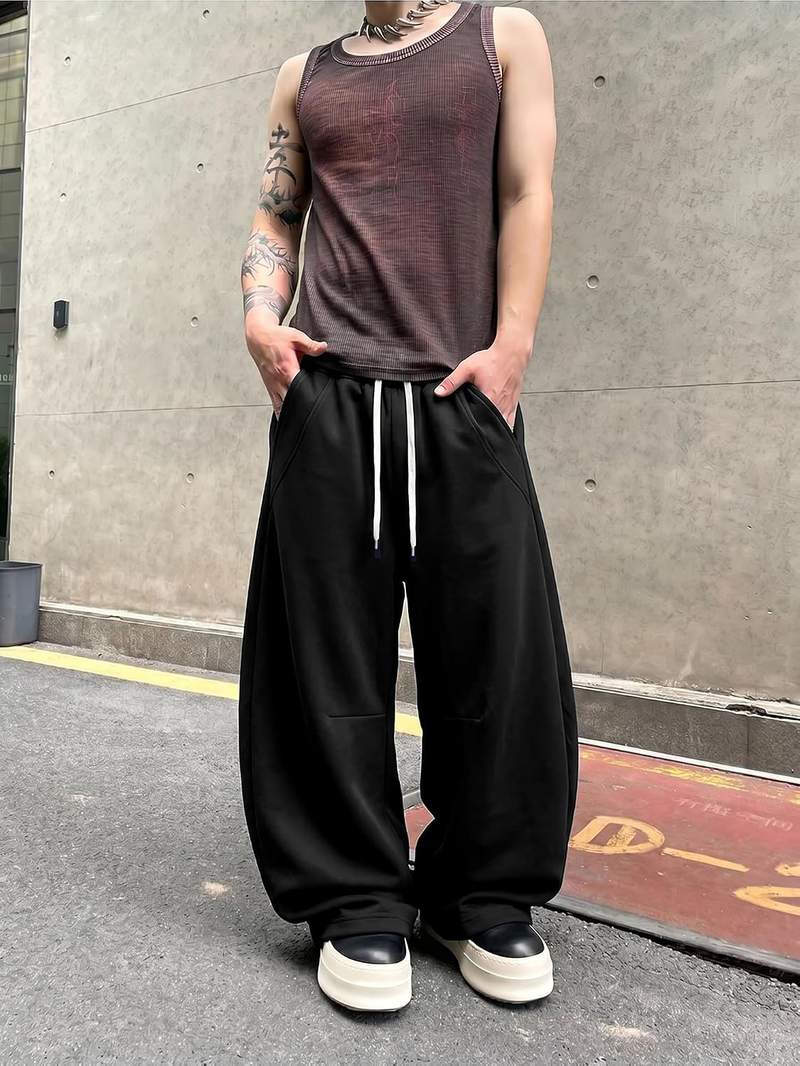 Men’s Baggy Wide Leg Sweatpants Barrel Cut Oversized Streetwear Lounge Pants with Drawstring