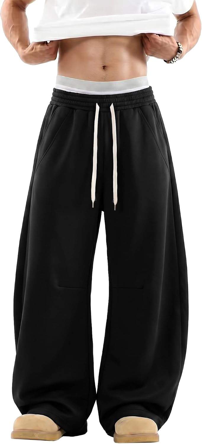 Men’s Baggy Wide Leg Sweatpants Barrel Cut Oversized Streetwear Lounge Pants with Drawstring