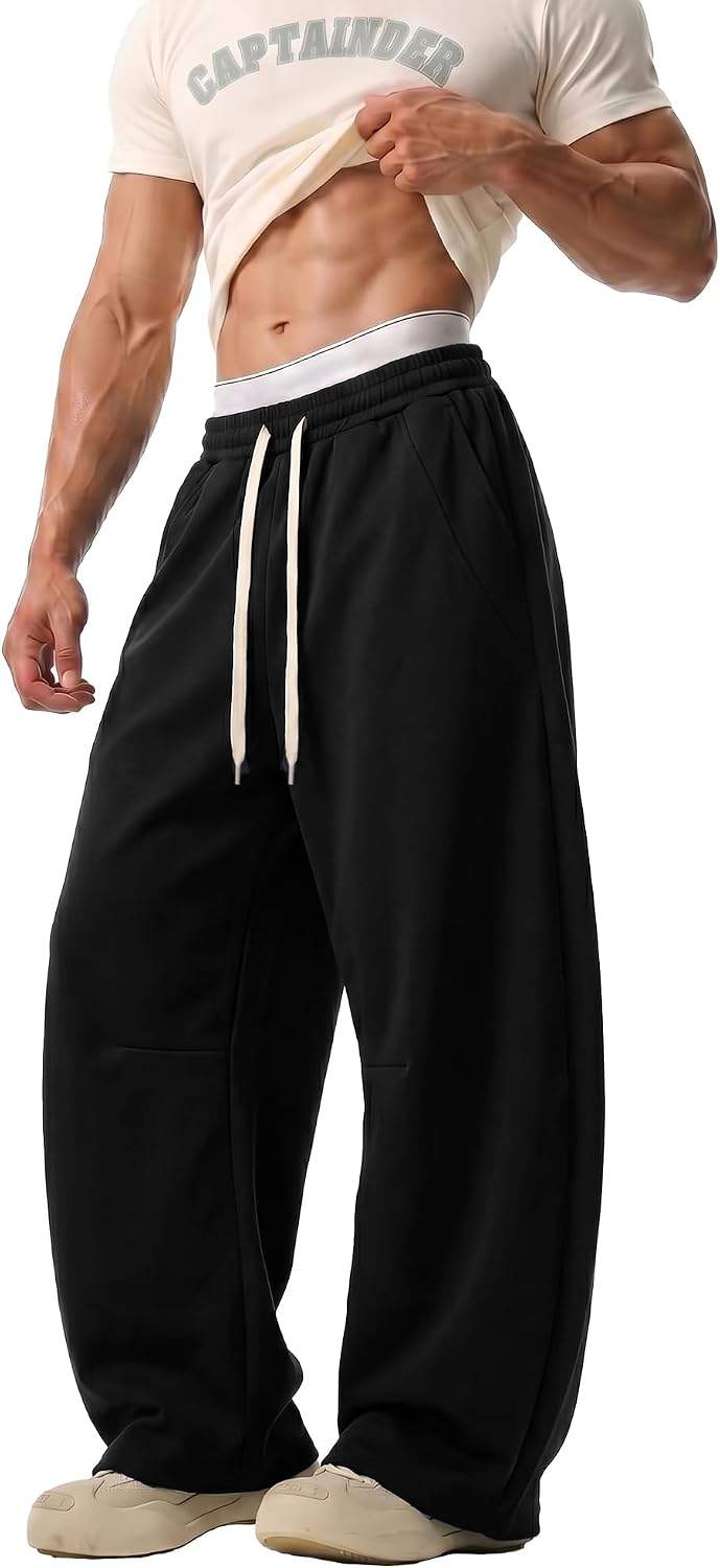 Men’s Baggy Wide Leg Sweatpants Barrel Cut Oversized Streetwear Lounge Pants with Drawstring