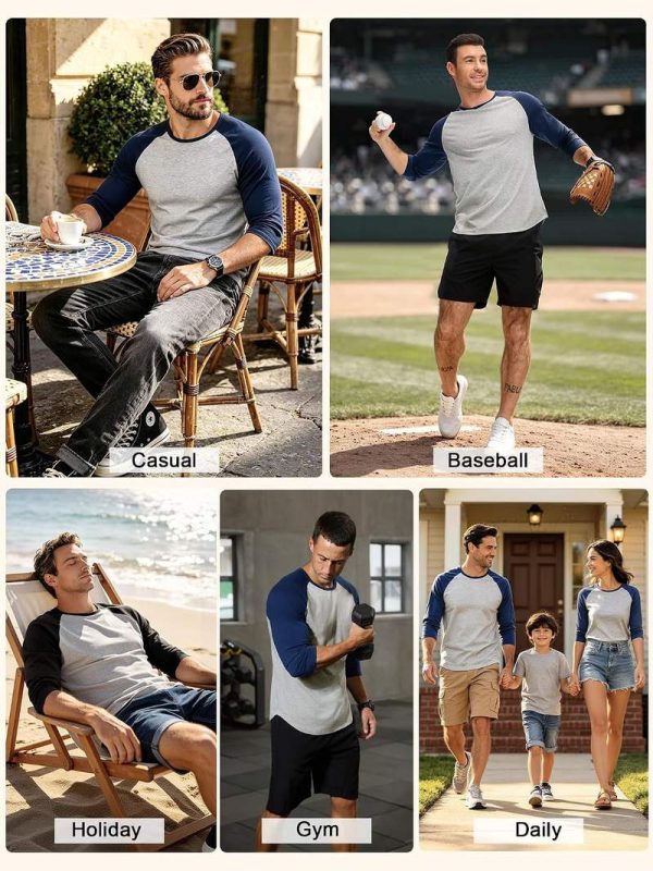 Men’s 3/4 Sleeve Baseball Raglan T Shirt Crew Neck Casual Moisture Wicking Athletic Top