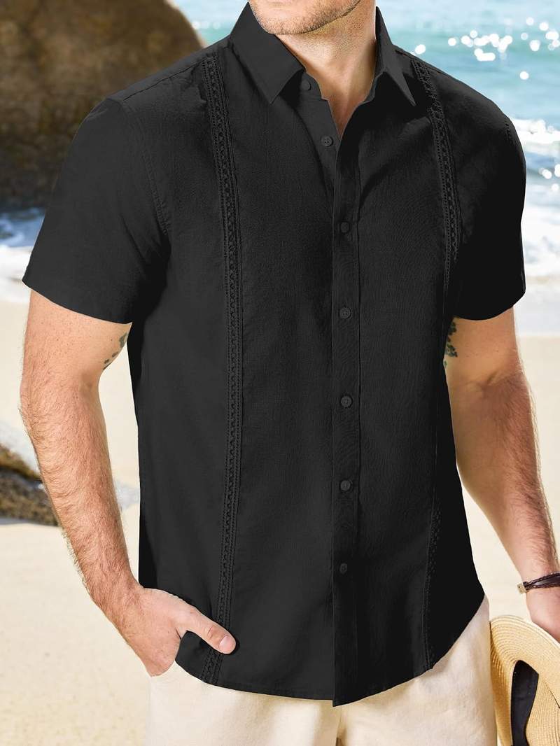 Men’s Guayabera Cuban Shirt Cotton Linen Short Sleeve Button Down Lightweight Collared Casual Business Top