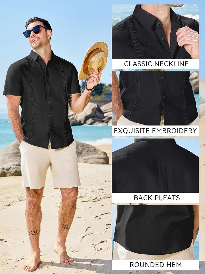 Men’s Guayabera Cuban Shirt Cotton Linen Short Sleeve Button Down Lightweight Collared Casual Business Top