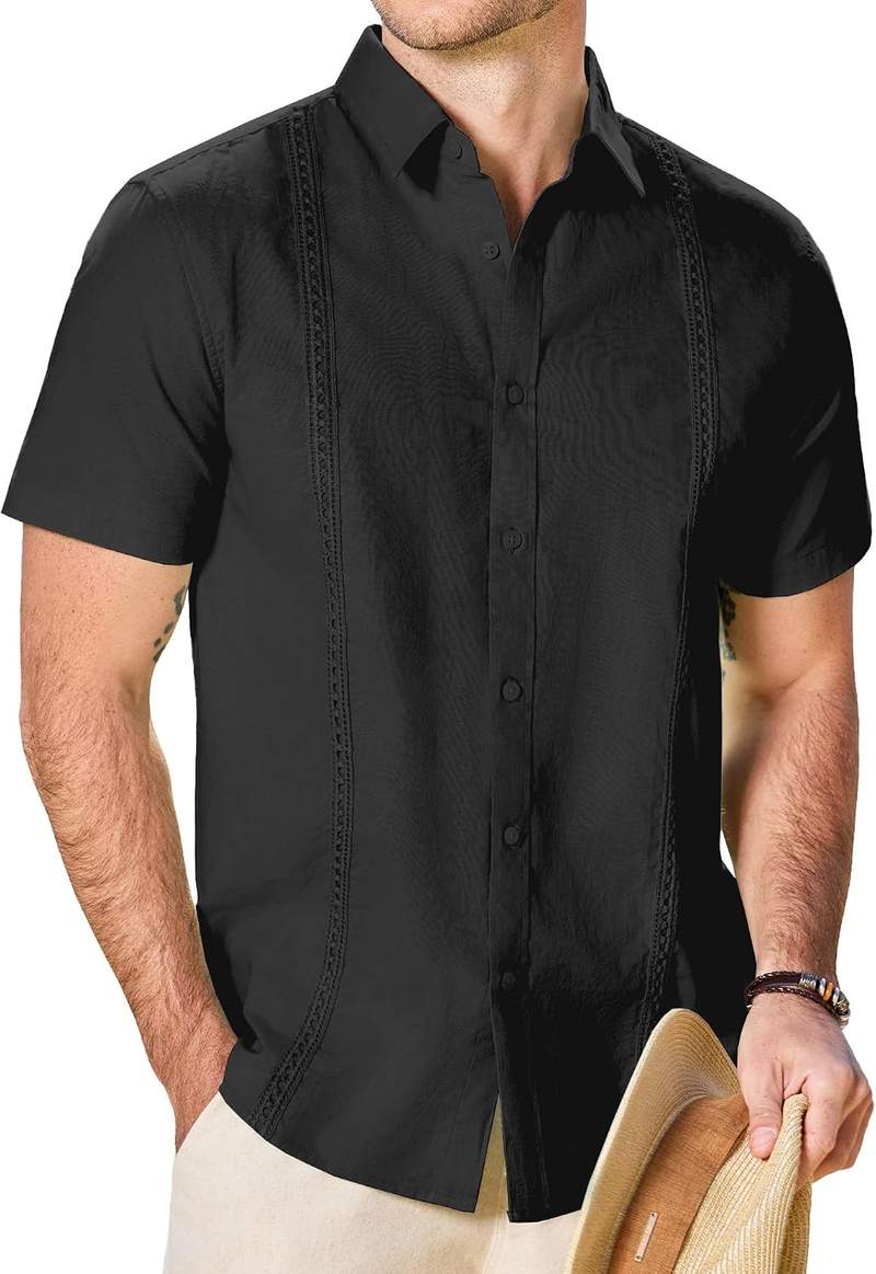 Men’s Guayabera Cuban Shirt Cotton Linen Short Sleeve Button Down Lightweight Collared Casual Business Top