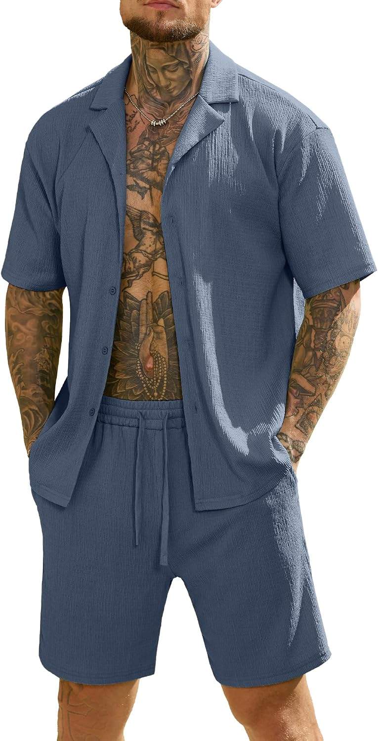 Men’s 2 Piece Textured Short Sleeve Shirt and Shorts Set Summer Vacation Outfit