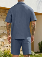 Men’s 2 Piece Textured Short Sleeve Shirt and Shorts Set Summer Vacation Outfit