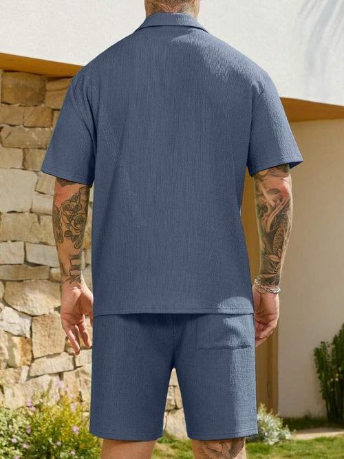 Men’s 2 Piece Textured Short Sleeve Shirt and Shorts Set Summer Vacation Outfit
