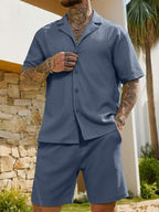 Men’s 2 Piece Textured Short Sleeve Shirt and Shorts Set Summer Vacation Outfit