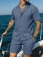 Men’s 2 Piece Textured Short Sleeve Shirt and Shorts Set Summer Vacation Outfit
