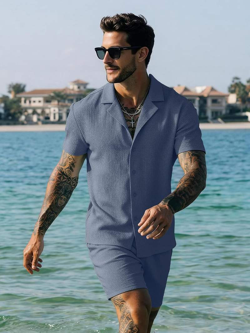 Men’s 2 Piece Textured Short Sleeve Shirt and Shorts Set Summer Vacation Outfit