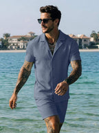 Men’s 2 Piece Textured Short Sleeve Shirt and Shorts Set Summer Vacation Outfit