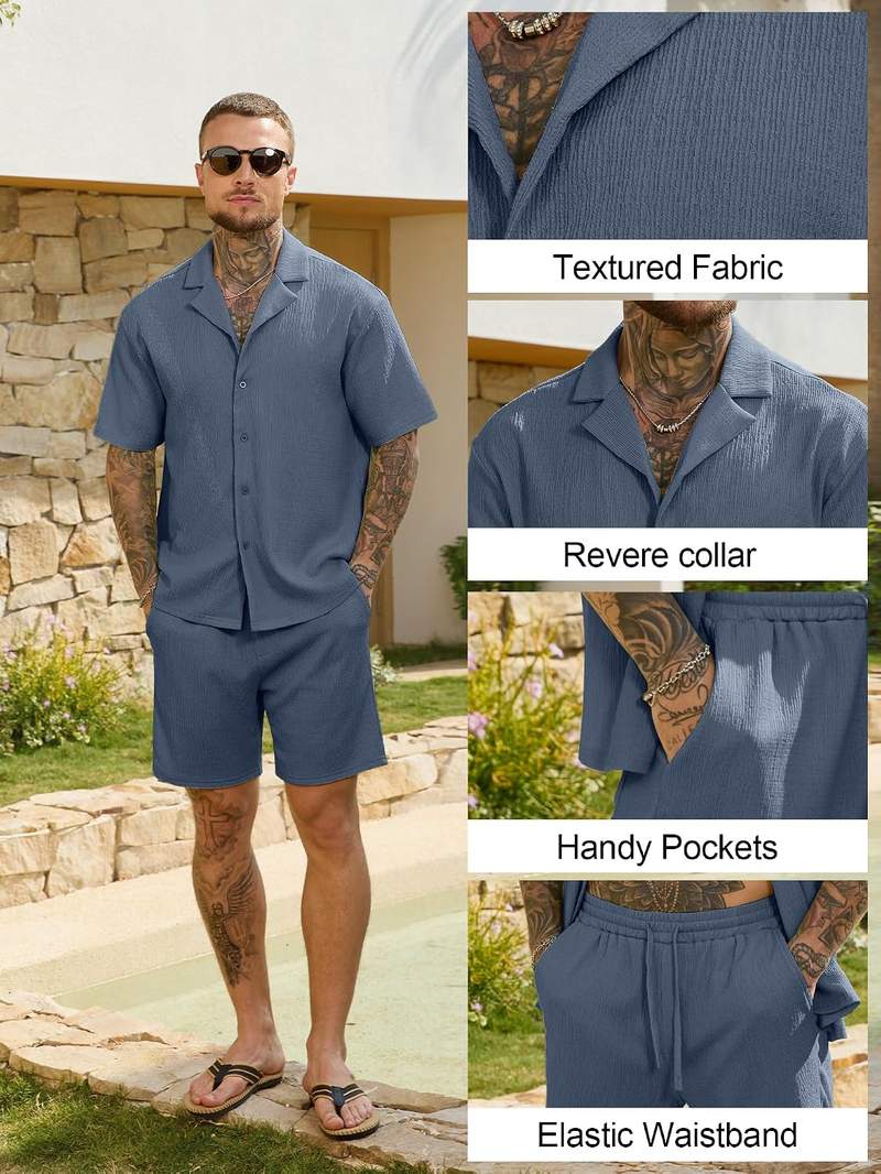 Men’s 2 Piece Textured Short Sleeve Shirt and Shorts Set Summer Vacation Outfit