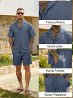Men’s 2 Piece Textured Short Sleeve Shirt and Shorts Set Summer Vacation Outfit