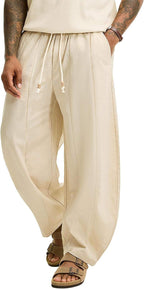 Men’s Baggy Linen Cotton Pants Wide Leg Drawstring Pleated Trousers Loose Fit Beach Lounge