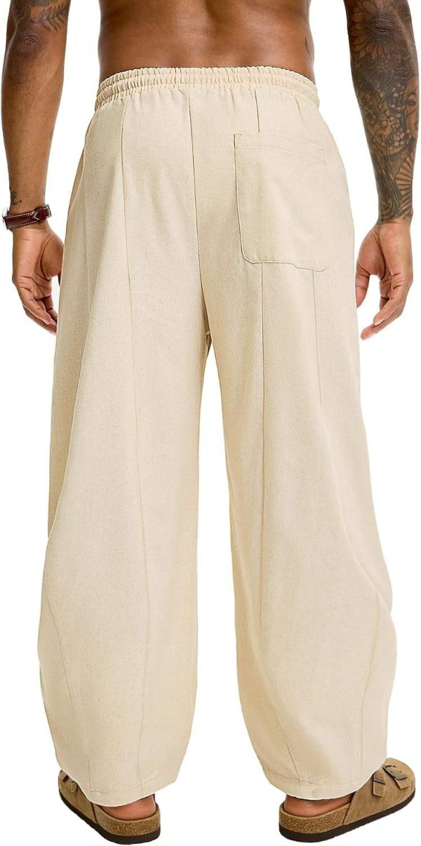 Men’s Baggy Linen Cotton Pants Wide Leg Drawstring Pleated Trousers Loose Fit Beach Lounge