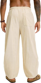 Men’s Baggy Linen Cotton Pants Wide Leg Drawstring Pleated Trousers Loose Fit Beach Lounge