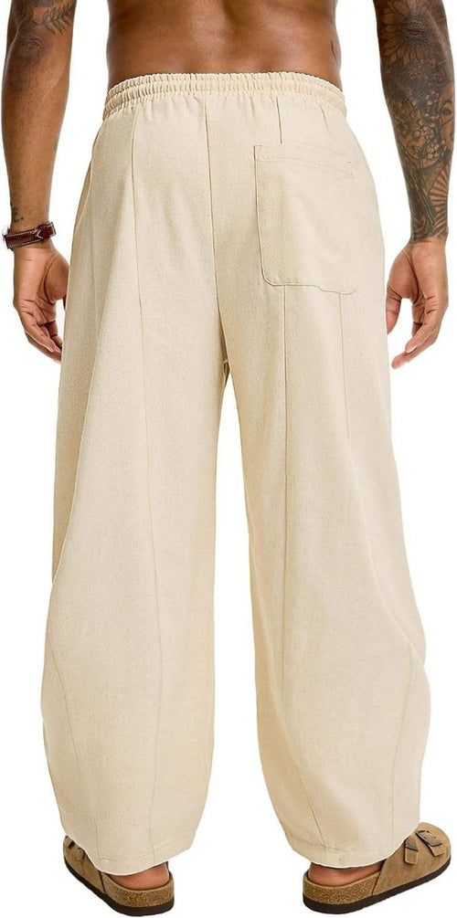 Men’s Baggy Linen Cotton Pants Wide Leg Drawstring Pleated Trousers Loose Fit Beach Lounge