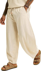 Men’s Baggy Linen Cotton Pants Wide Leg Drawstring Pleated Trousers Loose Fit Beach Lounge