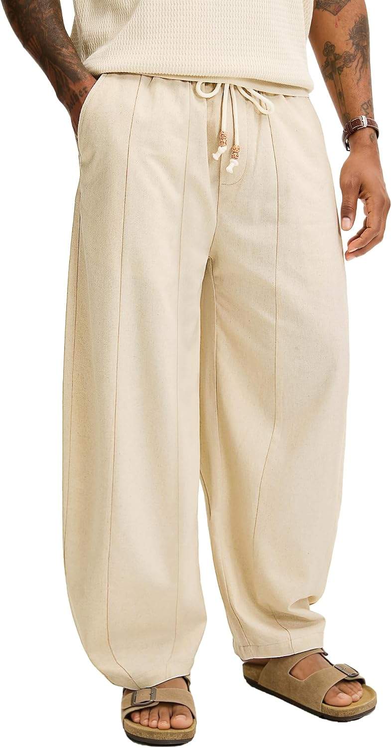 Men’s Baggy Linen Cotton Pants Wide Leg Drawstring Pleated Trousers Loose Fit Beach Lounge