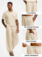 Men’s Baggy Linen Cotton Pants Wide Leg Drawstring Pleated Trousers Loose Fit Beach Lounge
