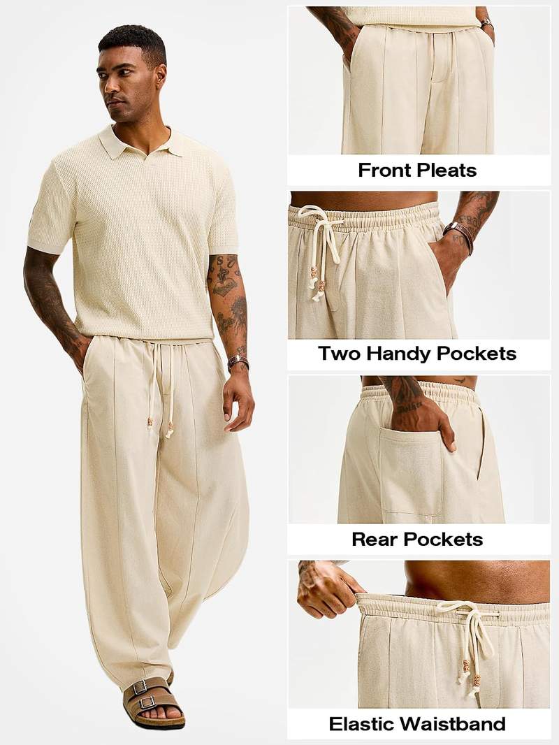 Men’s Baggy Linen Cotton Pants Wide Leg Drawstring Pleated Trousers Loose Fit Beach Lounge