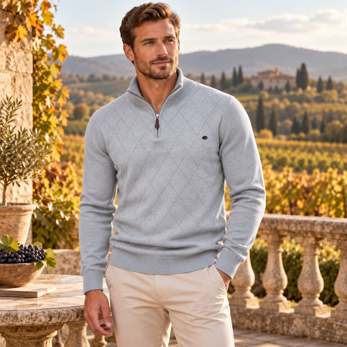 Men’s Diamond Knit Quarter Zip Cotton Sweater