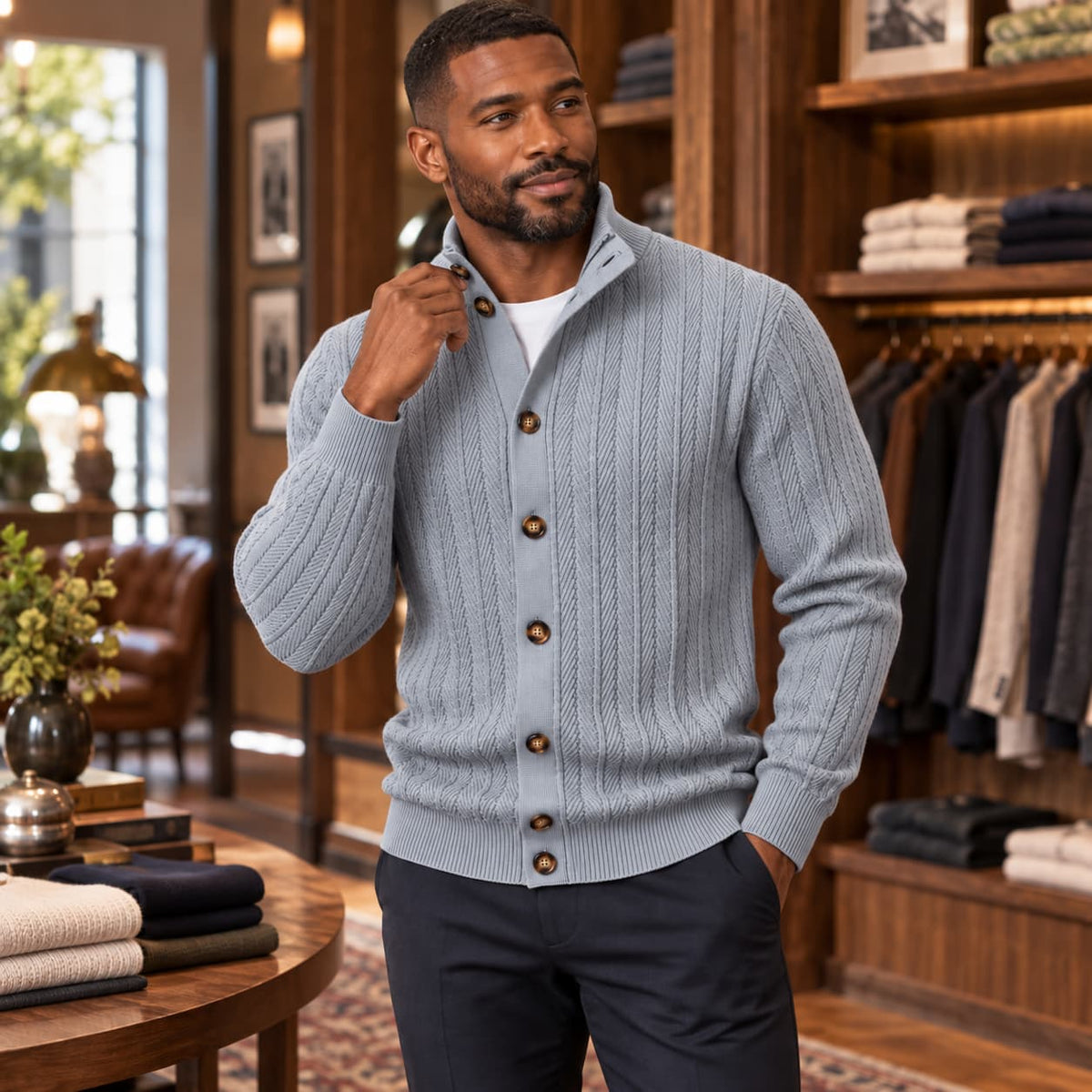 Men’s Textured Button Front Mock Neck Sweater
