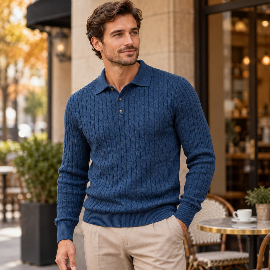 Men’s Cable Knit Long Sleeve Polo Sweater